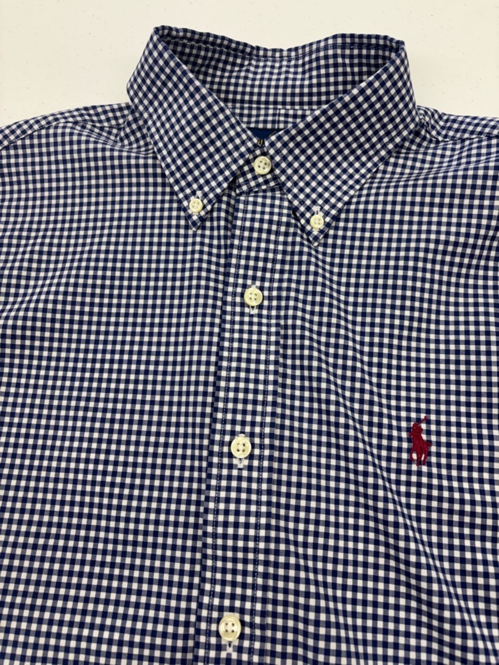 RALPH LAUREN BUTTON DOWN SHIRT CLASSIC FIT MEN SIZE 15 S  NAVY BLUE & WHITE GING